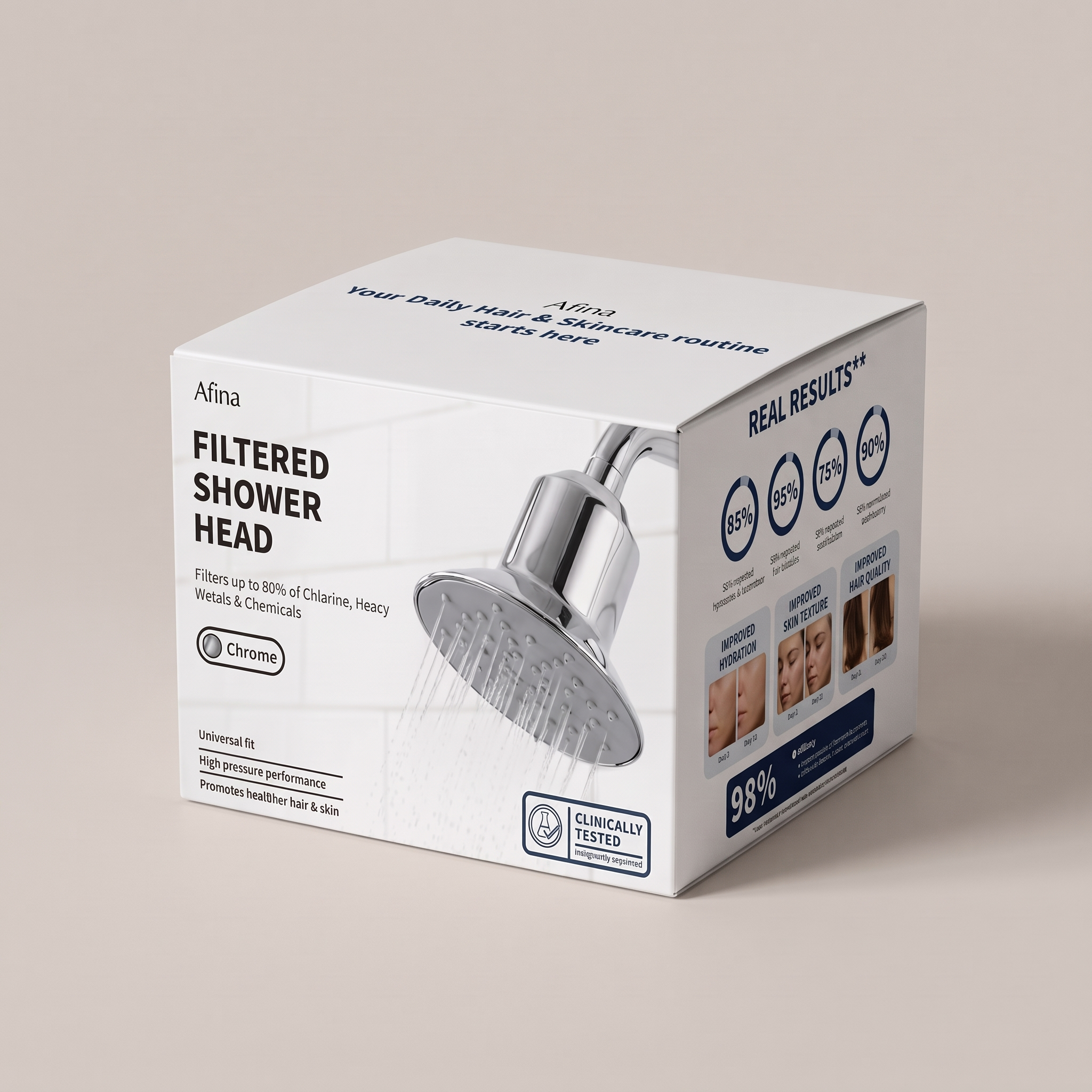 Afina white and navy filtered showerhead packaging