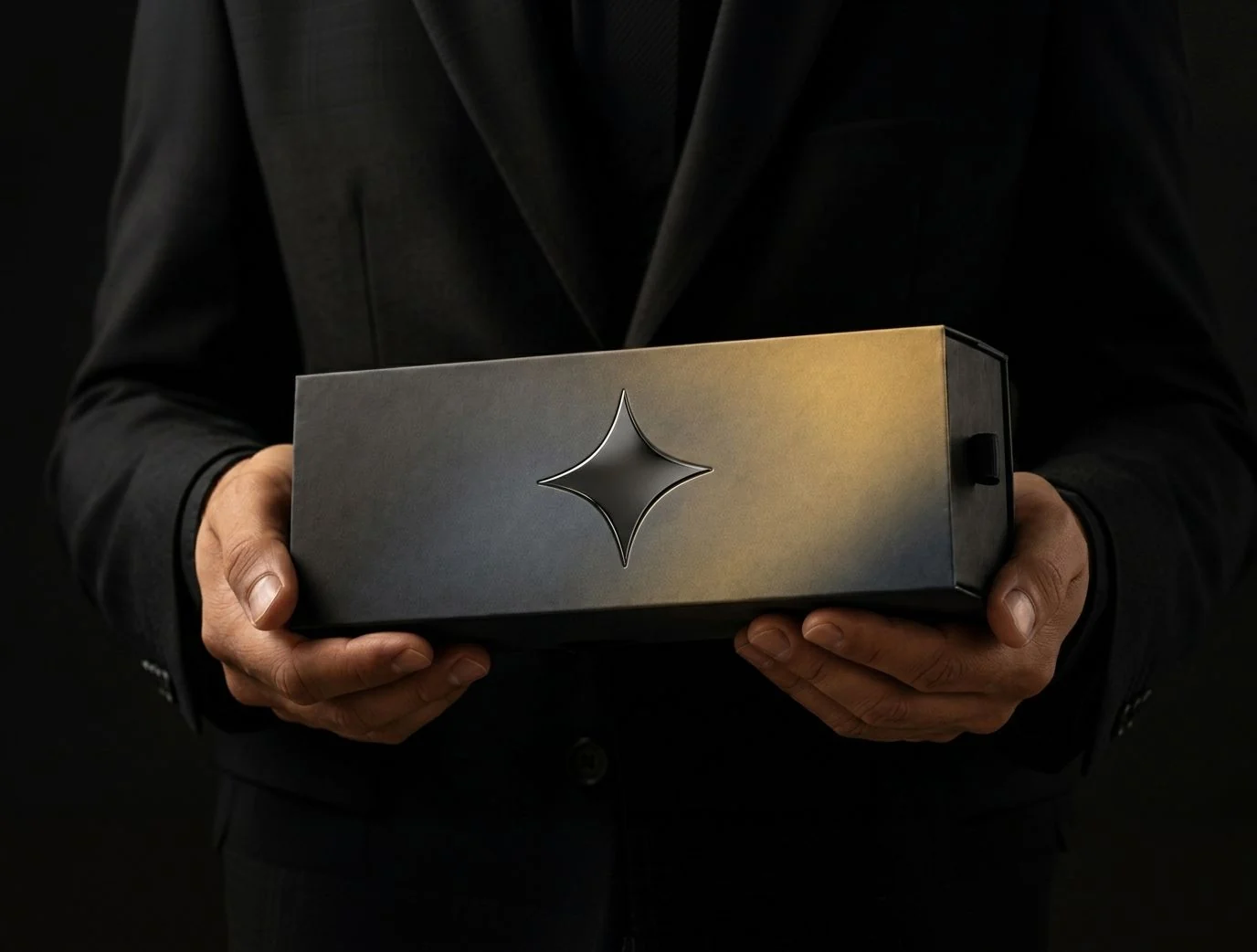 A person in a dark suit holding a black rigid box embossed with the Petra Spark mark